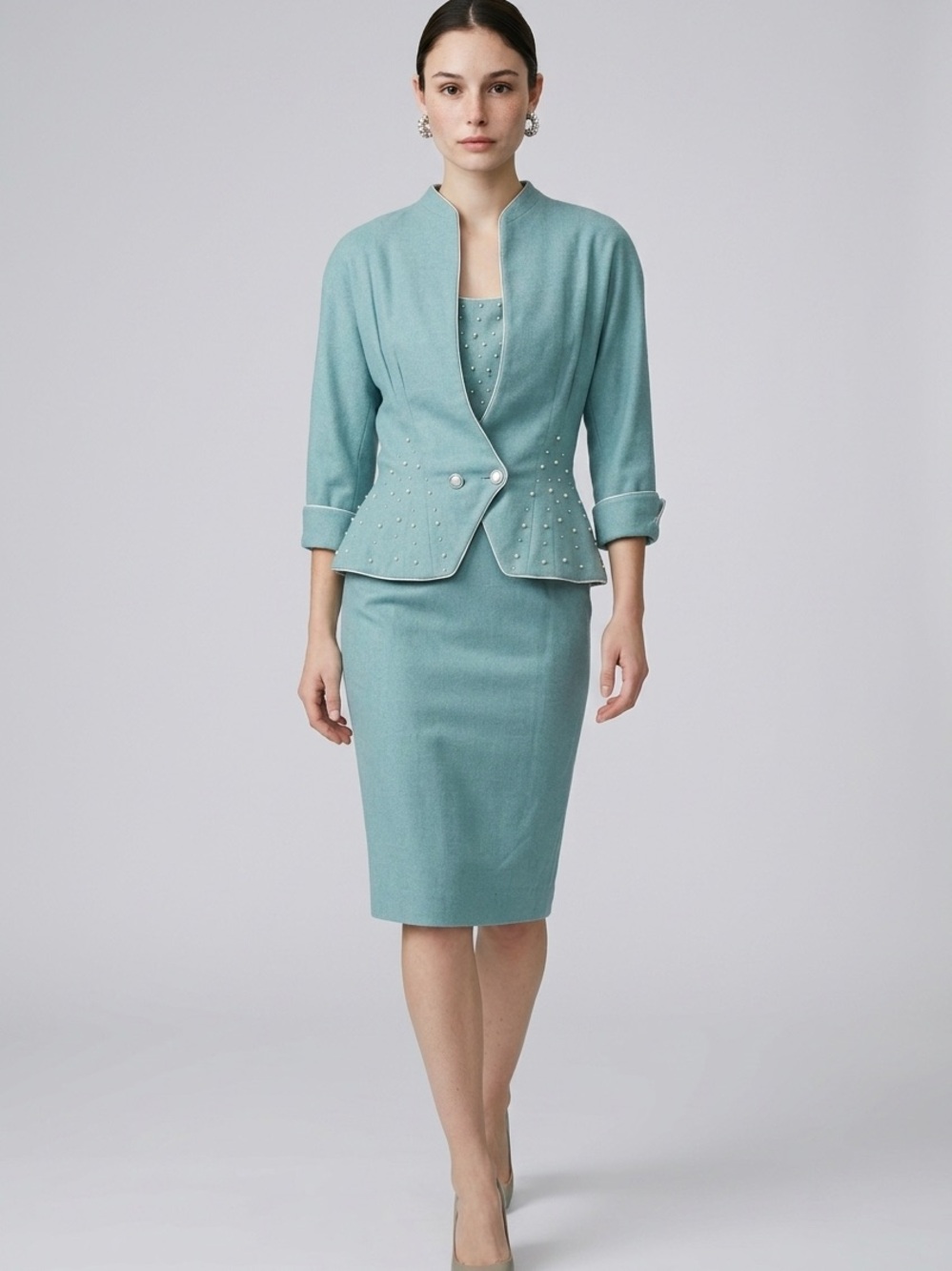 Vintage 1950s Aqua Pearl-Accent Sheath Dress with Jacket (XS)